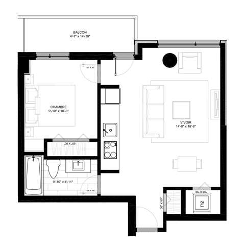 Floor plan for 1 bed, 1 bath, 596 sqft